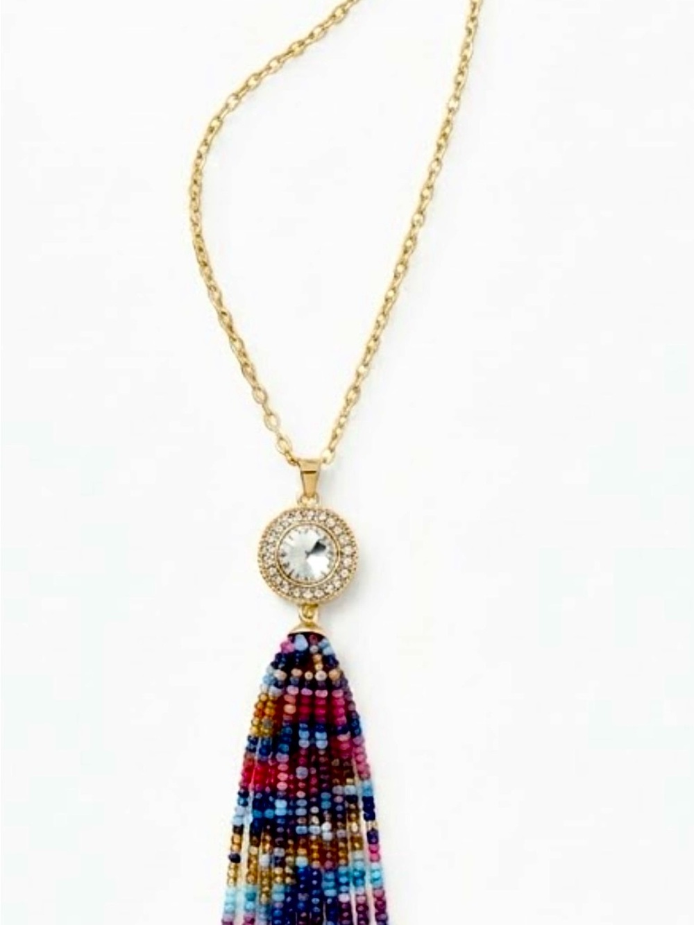 Artisan Gold Beaded Tassel Necklace with Crystal Accent